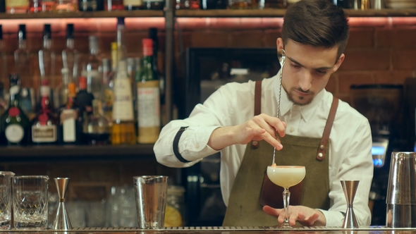 Bartender Making and Decorating Cocktail To a Visitor alt