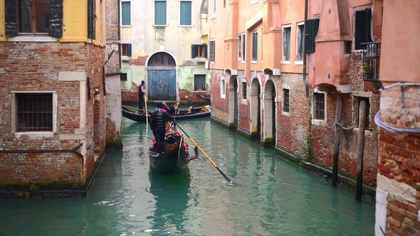 Venetian Channel with Ancient Houses and Boats