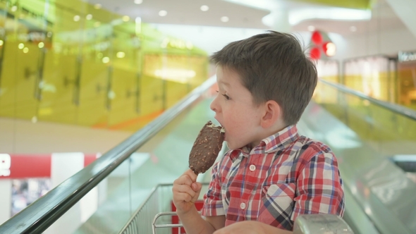 Cute Little Boy in Shopping Cart with Tasty Ice Cream during Family Shopping in Hypermarket