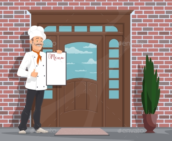 Vector Chef Man with Menu Inviting To Restaurant - People Characters