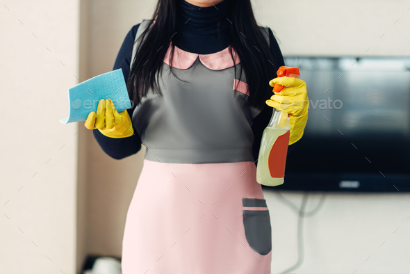Female cleaner holds cleaning equipment in hands - Stock Photo - Images