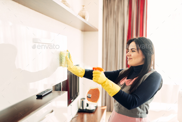 Housemaid cleans furniture with a cleaning spray - Stock Photo - Images