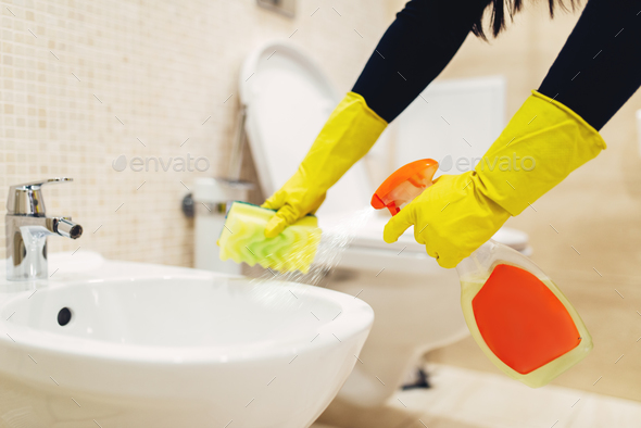 Maid cleans the bidet with a cleaning spray - Stock Photo - Images