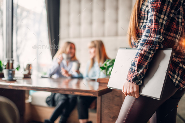 Presentation, female manager holding laptop - Stock Photo - Images