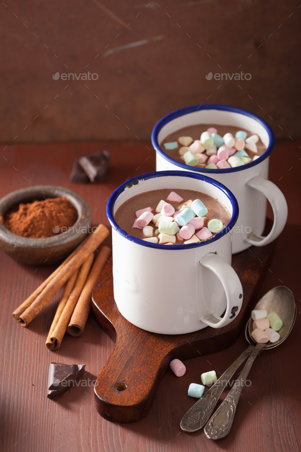hot chocolate with mini marshmallows cinnamon winter drink Stock Photo by duskbabe