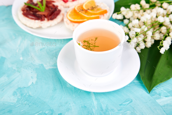 Breakfast tea, rice crispbread - Stock Photo - Images