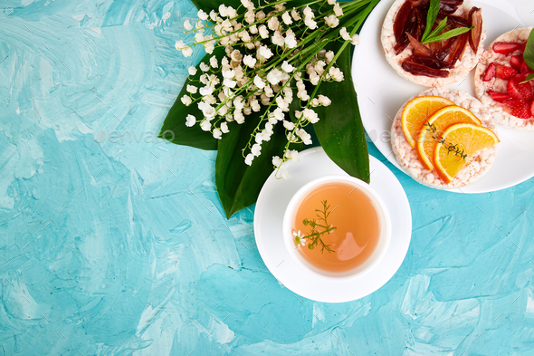 Breakfast tea, rice crispbread - Stock Photo - Images