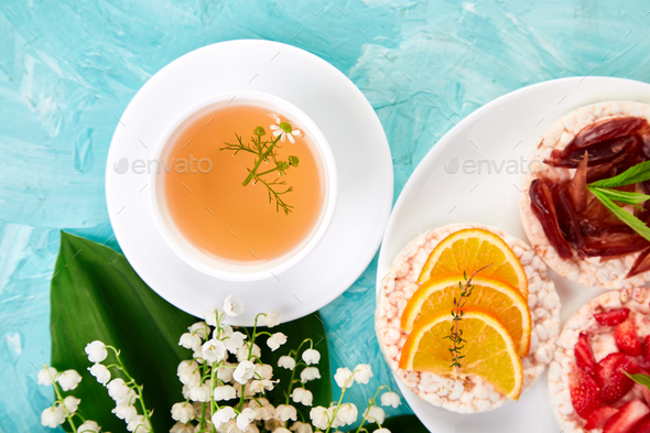 Breakfast tea, rice crispbread - Stock Photo - Images