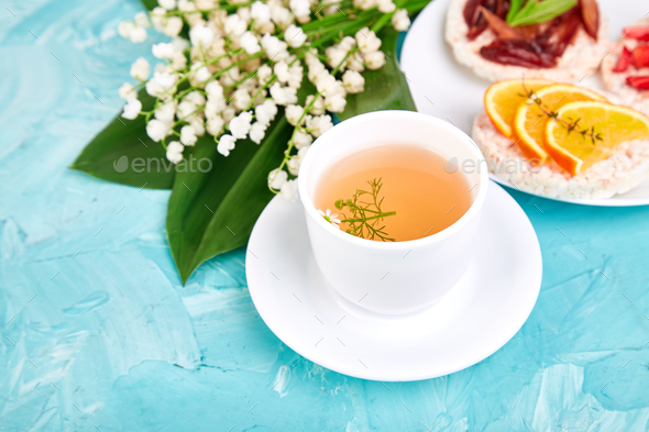 Breakfast tea, rice crispbread - Stock Photo - Images