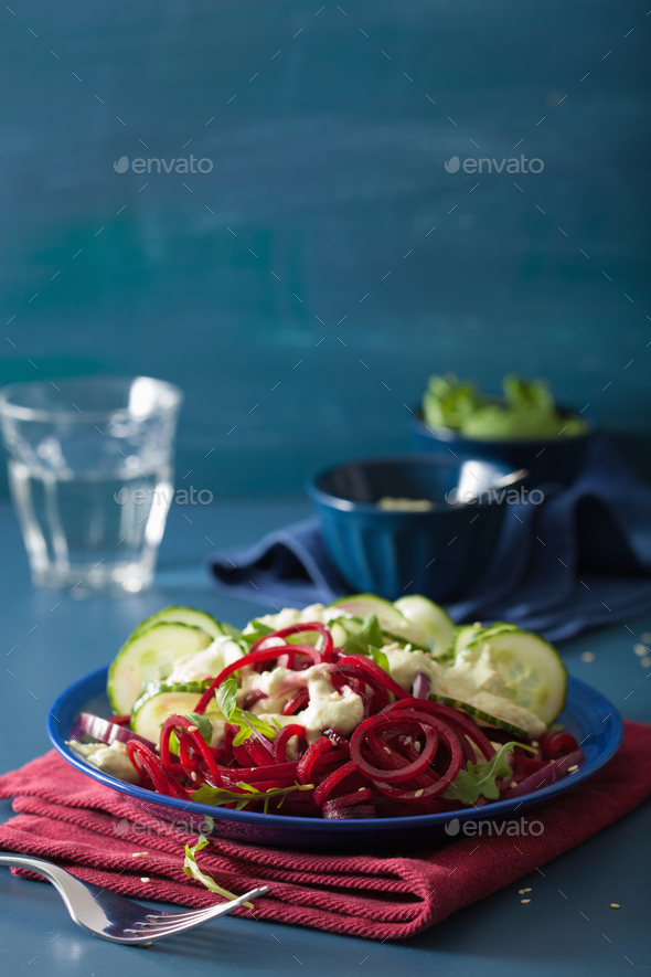 spiralized beet and cucumber salad with avocado dressing, health Stock Photo by duskbabe