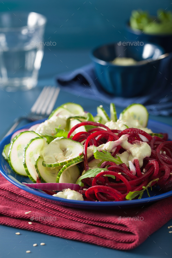 spiralized beet and cucumber salad with avocado dressing, health Stock Photo by duskbabe