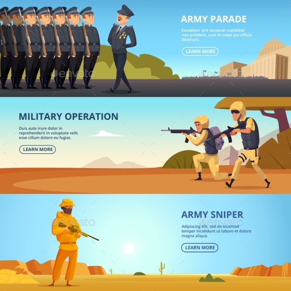 Banners Set with Illustrations of Military - People Characters