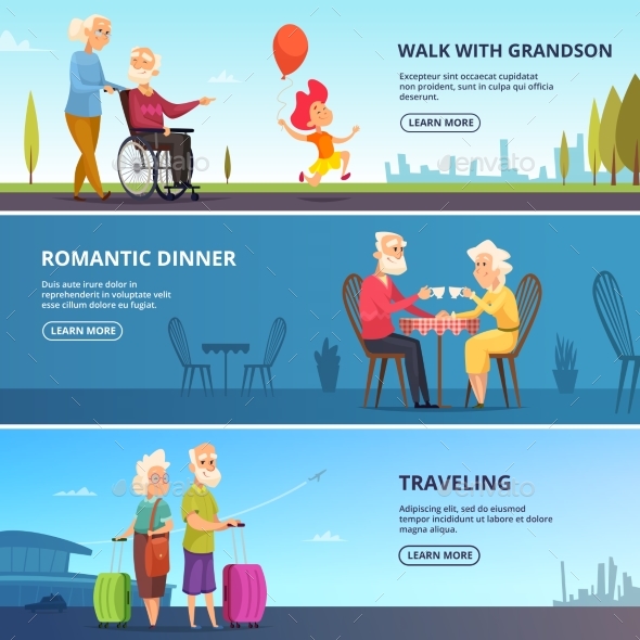 Horizontal Banners Set with Elderly Couples - People Characters
