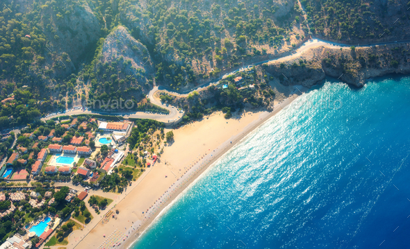 Aerial view of sandy beach in Oludeniz, Turkey. Summer landscape - Stock Photo - Images