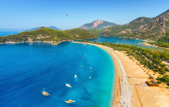 Amazing aerial view of Blue Lagoon in Oludeniz, Turkey - Stock Photo - Images