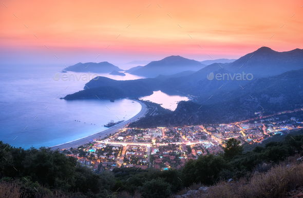 Beautiful Oludeniz at night in Turkey in summer. Landscape - Stock Photo - Images