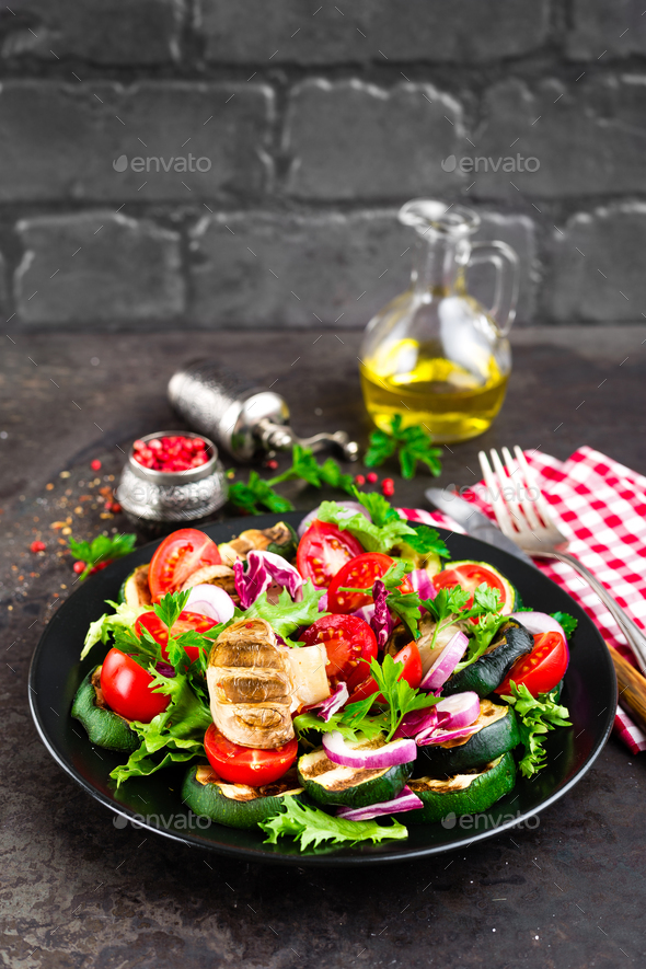 Salad with fresh and grilled vegetables and mushrooms - Stock Photo - Images