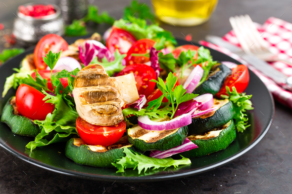 Salad with fresh and grilled vegetables and mushrooms - Stock Photo - Images