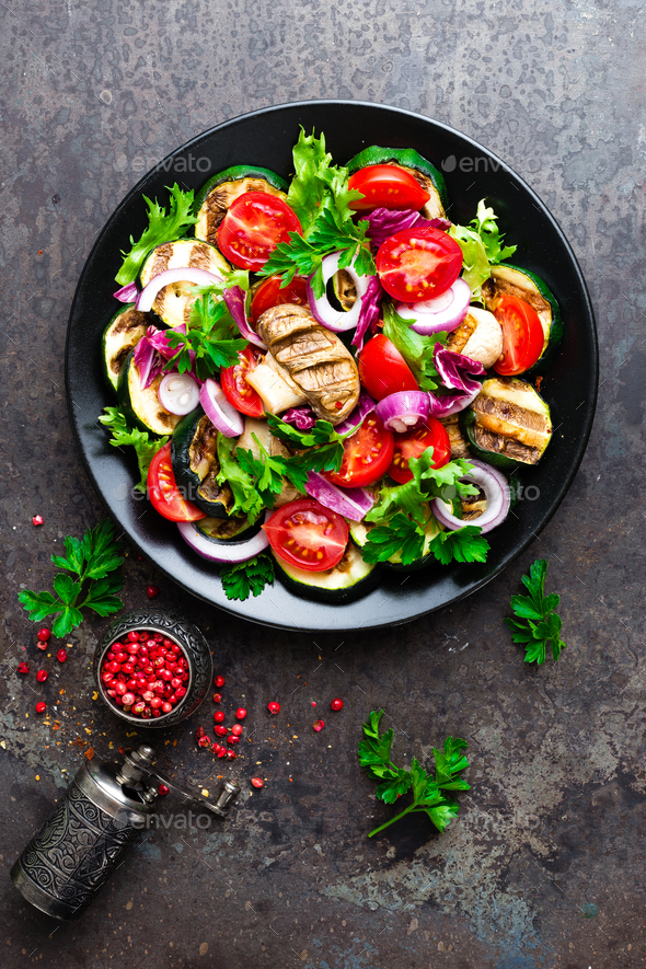 Salad with fresh and grilled vegetables and mushrooms - Stock Photo - Images