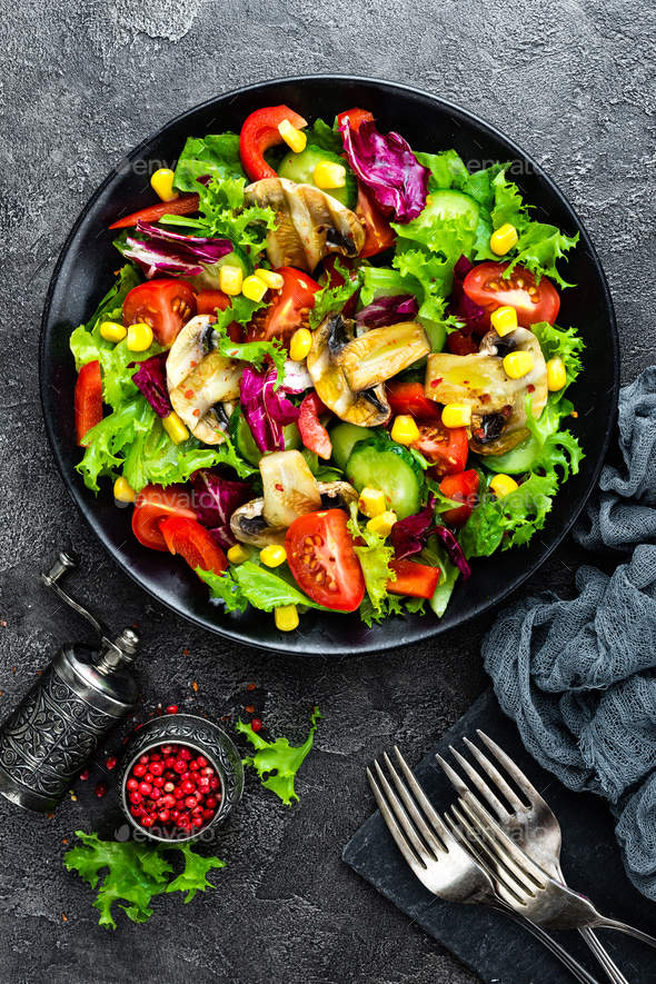 Salad with fresh and grilled vegetables and mushrooms - Stock Photo - Images