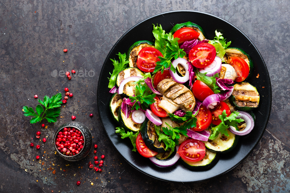 Salad with fresh and grilled vegetables and mushrooms - Stock Photo - Images