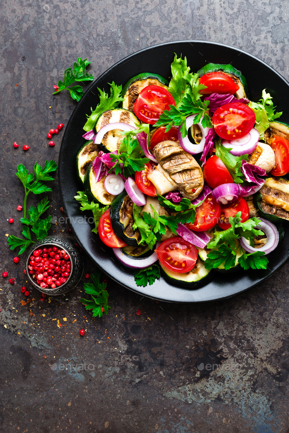 Salad with fresh and grilled vegetables and mushrooms - Stock Photo - Images