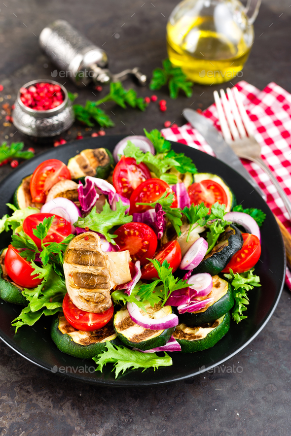 Salad with fresh and grilled vegetables and mushrooms - Stock Photo - Images