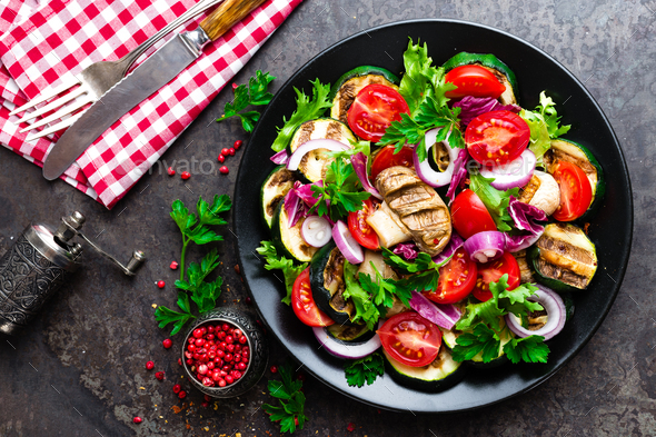 Salad with fresh and grilled vegetables and mushrooms - Stock Photo - Images