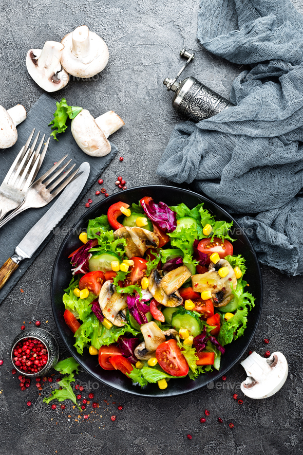 Salad with fresh and grilled vegetables and mushrooms - Stock Photo - Images