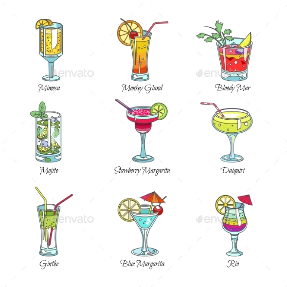 Cocktails in Glasses Exotic Drinks Vector Sketch - Food Objects