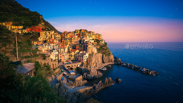 Sunset over Manarola, Cinque Terre, Italy - Stock Photo - Images