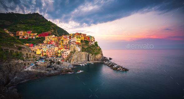 Sunset over Manarola, Cinque Terre, Italy - Stock Photo - Images