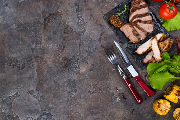 Fresh three types of grilled steak on slate plate with herbs - Stock Photo - Images