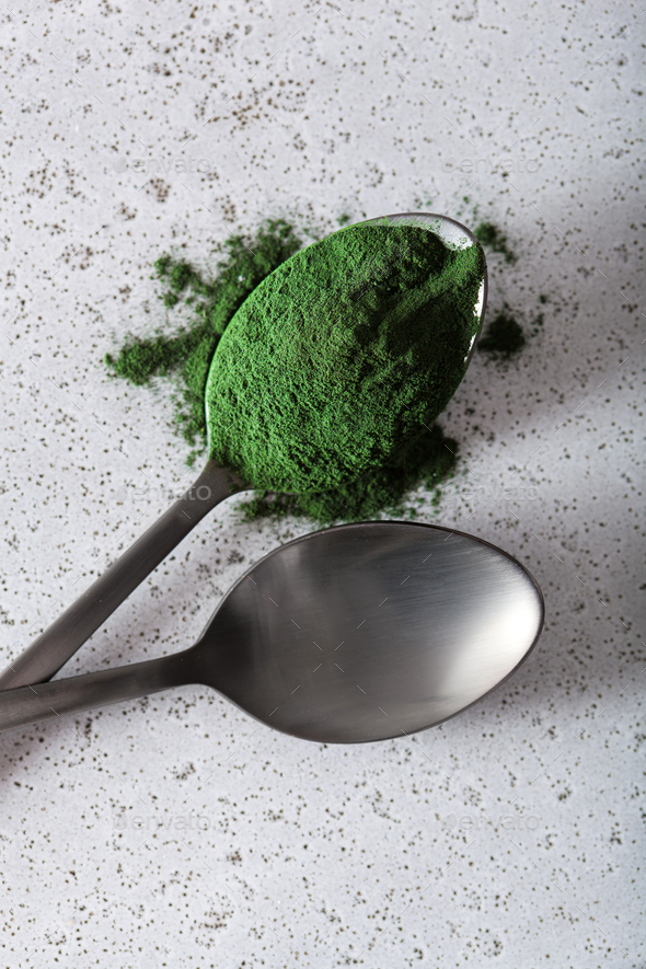 spirulina powder healthy dietary supplement Stock Photo by duskbabe