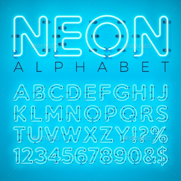 Bright Neon Alphabet on Blue Background - Valentines Seasons/Holidays