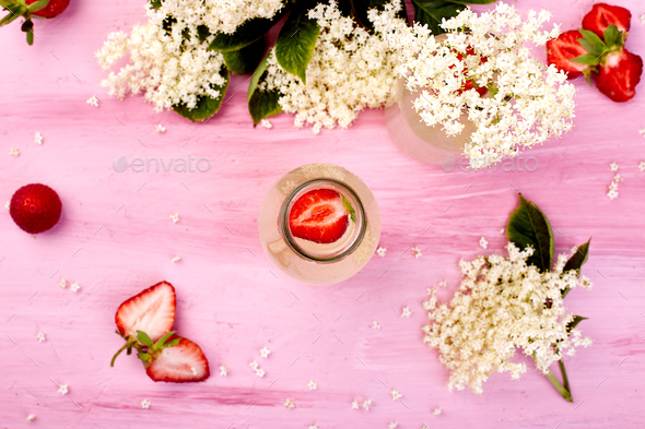 Kombucha tea with elderflower flower and strawberry - Stock Photo - Images