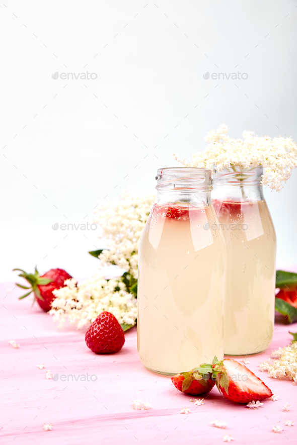 Kombucha tea with elderflower and strawberry - Stock Photo - Images