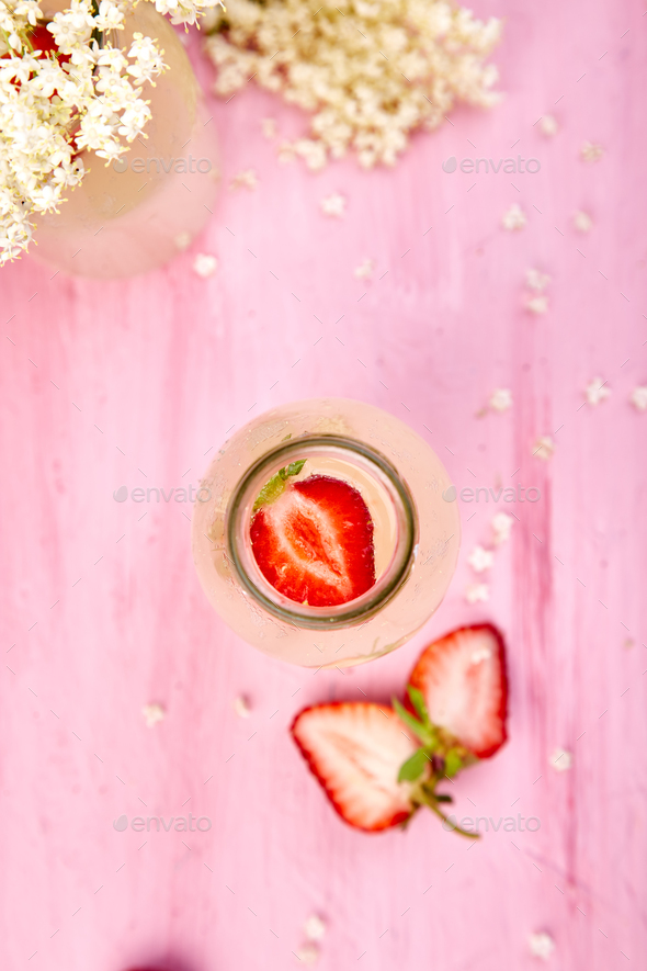 Kombucha tea with elderflower flower and strawberry - Stock Photo - Images