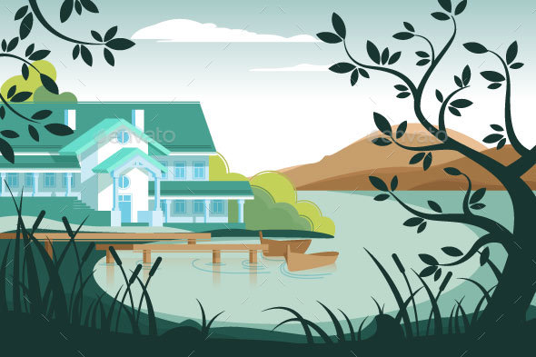 Country House on River Bank - Landscapes Nature