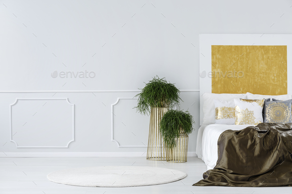 Abstract painting in minimalist bedroom - Stock Photo - Images