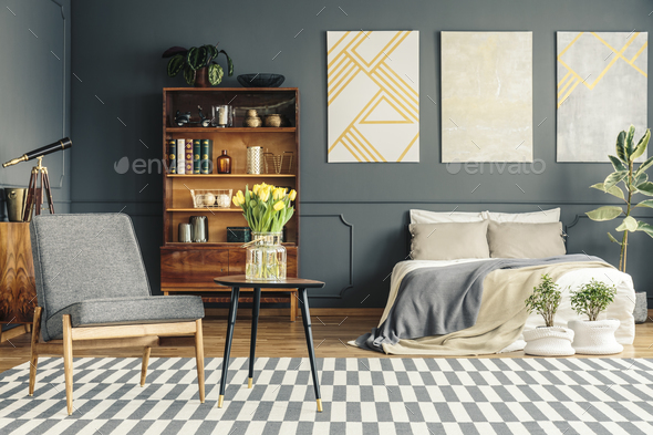Cozy bed in retro bedroom - Stock Photo - Images