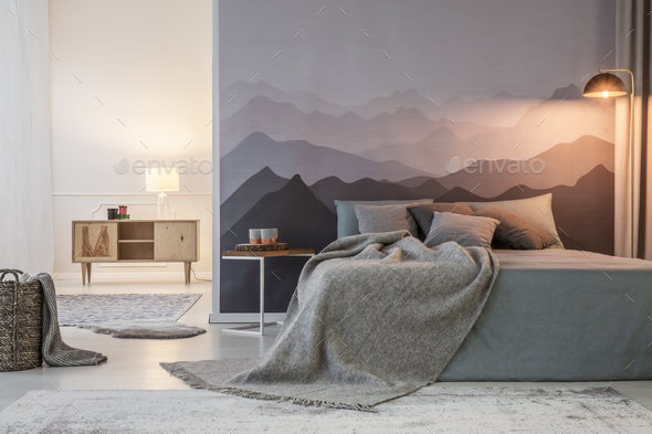 Grey bedroom interior with light Stock Photo by bialasiewicz | PhotoDune