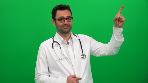 Doctor Pointing Finger Up to Left Corner alt