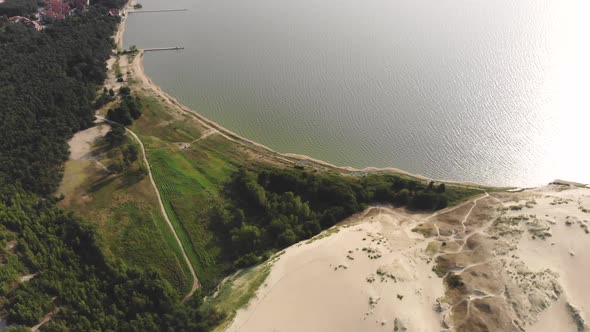AERIAL: dolly shot of a calm water in the coastline near the green pine forest alt