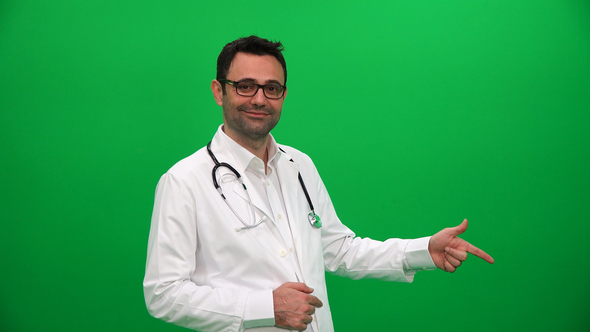 Doctor Pointing Finger Up to Left Corner alt