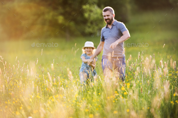 Father with a small daughter on a walk in spring nature. Stock Photo by halfpoint
