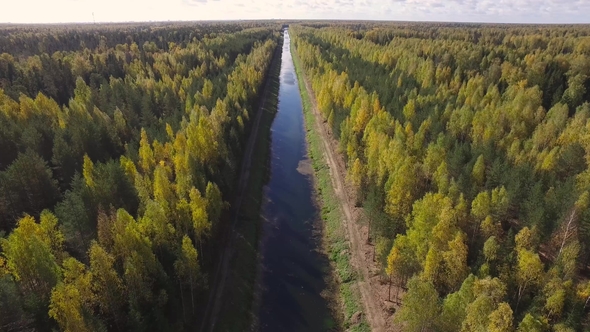 Aerial View of the River in the Autumn Forest