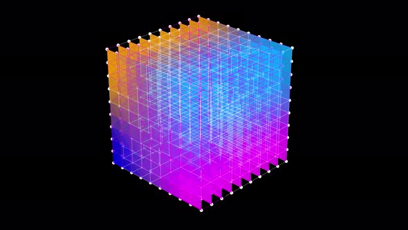 4k animated 3d wireframe color cube rotating on its axis. 3d rendering