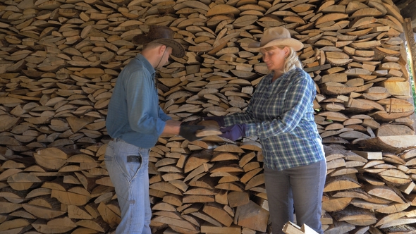 A Man And A Woman Put Together Firewood In The Woodshed Helping Each Other alt