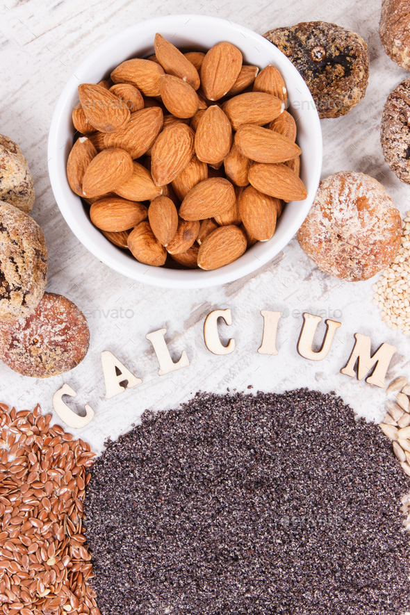Products and ingredients containing calcium and dietary fiber, healthy nutrition - Stock Photo - Images